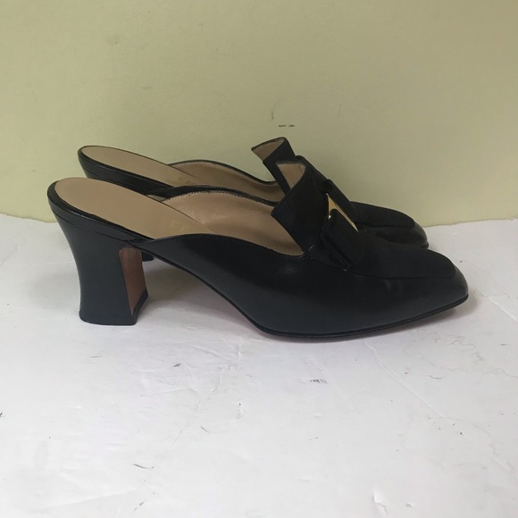 Salvatore Ferragamo Leather Mules Slides Vera Bow Heels Italy Black Gold logo - Picture 3 of 16